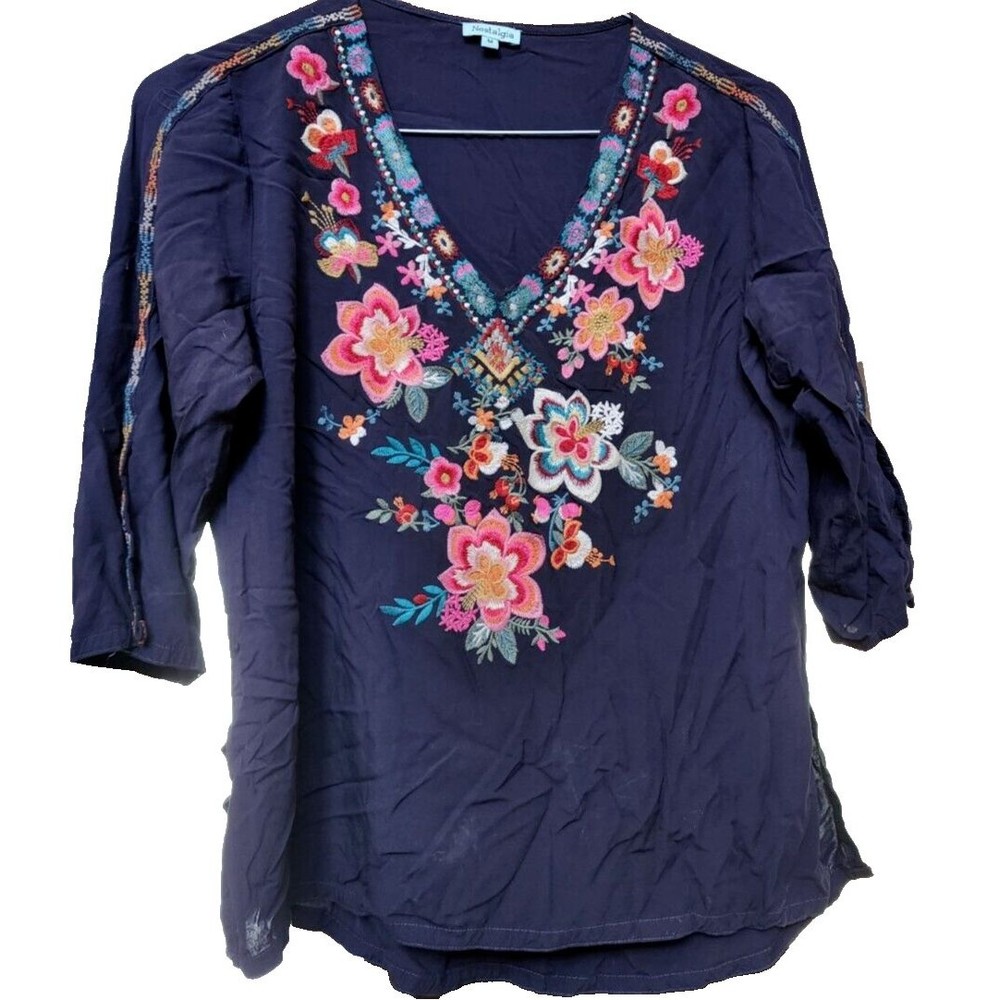 Hippie Boho Embroidered Blouse Size Medium by Nostalgia